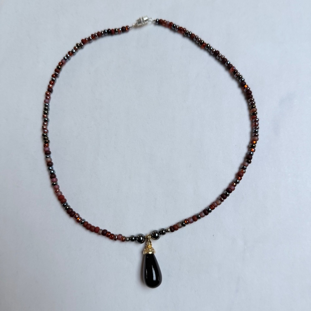 Handmade Beaded Necklace Black Teardrop Pendant 18 Inch Gift Holiday Goth